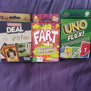 Monopoly Deal, Fart, and Uno Flex Card Games
